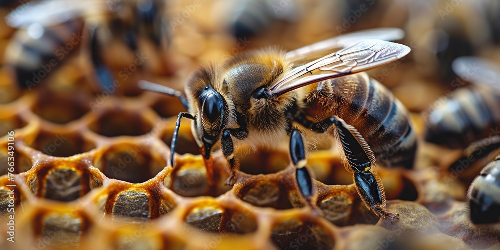 A busy bee works in the hive, putting sweet nectar into honey cells. A busy bee works in the hive, putting sweet nectar into honey cells.