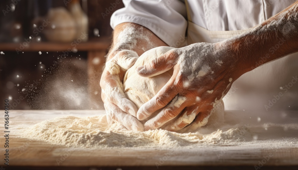 Baker kneading dough with hands covered in flour - A baker's hands work diligently, kneading fresh dough on a floured wooden surface, with flour dust in the air