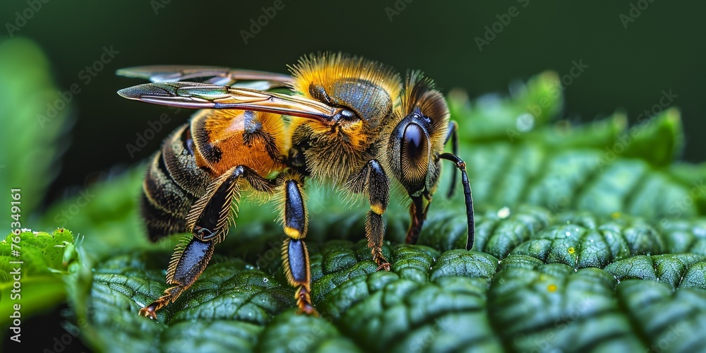 A lone worker bee sits on a leaf collecting pollen, displaying the intricate beauty of nature. A lone worker bee sits on a leaf collecting pollen, displaying the intricate beauty of nature.