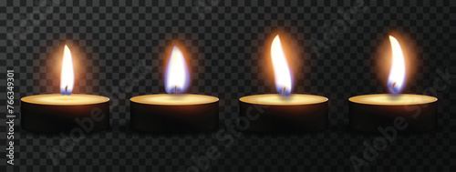 Four candles burning in the dark. Light blur effect. High detailed realistic illustration