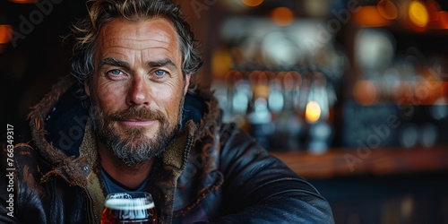 A mature guy with a beard sits at a bar, smiling and enjoying a drink, exuding confidence and happiness.