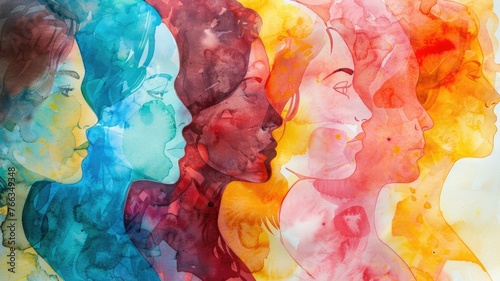 Colorful watercolor silhouette profiles - A multi-hued watercolor art piece depicting the side profiles of different individuals in a seamless flow