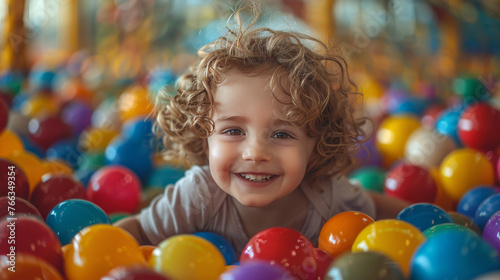 A happy child with curly hair enjoys playing in a ball pit full of vibrant colored balls  with joy written all over the face