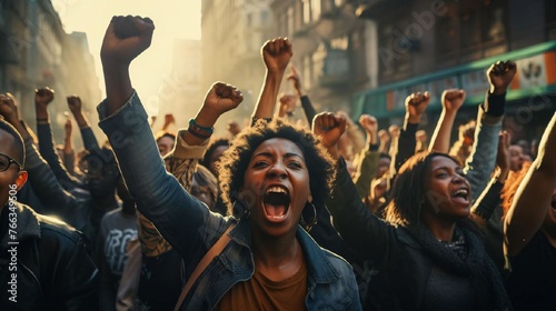 Spontaneous rally of black people on city street. Image depicts powerful moment of unity during protest rally on city street, with participants raising their fists in solidarity © SerPak