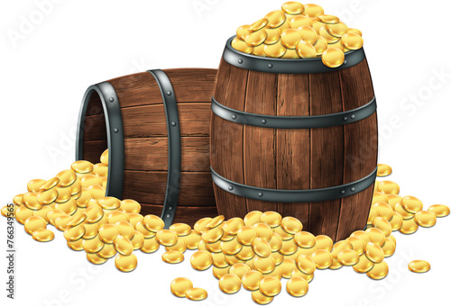 Two wooden barrels with gold coins. White background. Highly detailed realistic illustration. © kjolak