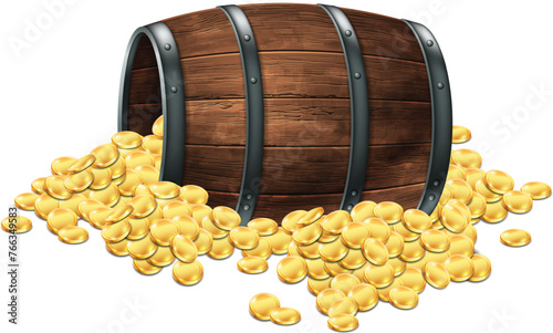 Wooden barrel and scattered coins on a white background. Realistic illustration.
