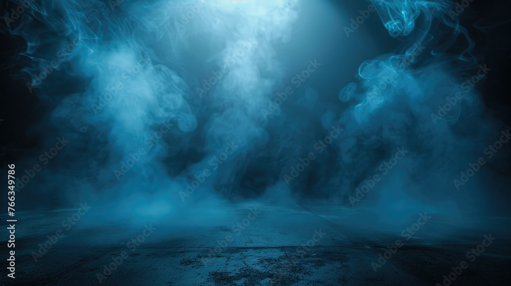 Mysterious blue smoke filling dark room - A captivating image depicting ethereal blue smoke swirling in a dark, empty space, suggesting mystery and intrigue
