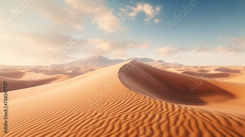 Majestic dunes against mountain backdrop - Expansive desert terrain featuring mountains on the horizon and winding sand dunes under a sky with occasional clouds