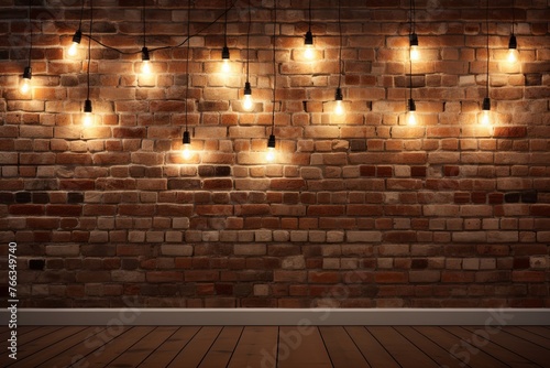Room with brick wall and ivory lights background