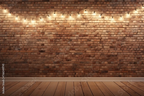 Room with brick wall and ivory lights background