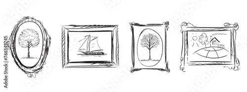 Pictures in frames doodle sketches wall museum, vector hand drawing isolated on white