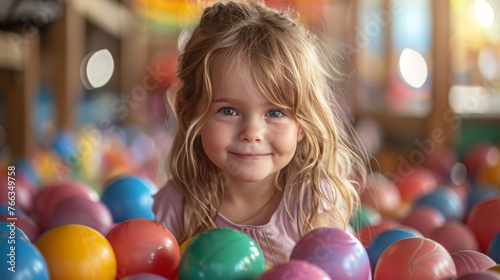 Little girl with blonde hair and a sweet smile surrounded by multicolored balls in a play area