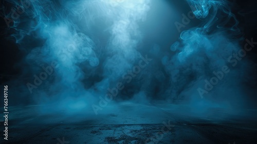 Mysterious blue smoke filling dark room - A captivating image depicting ethereal blue smoke swirling in a dark, empty space, suggesting mystery and intrigue