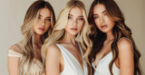 Three beautiful women with different hair colors in white dresses, with long and short wavy ombre blonde hair of different styles, blonde roots and brown balayage hair