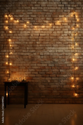 Room with brick wall and khaki lights background