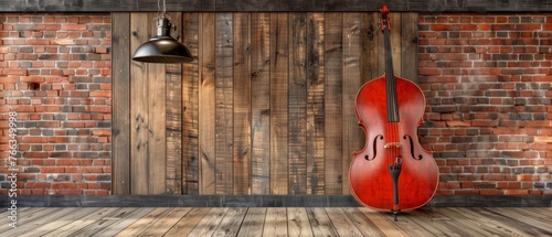  A double bass rests on a wooden floor near a brick wall, with a bell suspended from its side