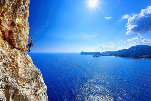Rock climber extreme adventure on a cliff overlooking the sea under a mostly clear blue sky, outdoor sport activity above the ocean shore