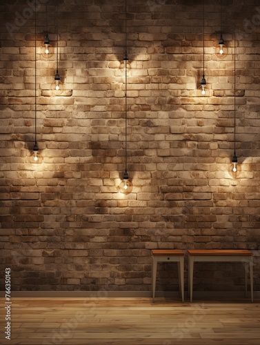 Room with brick wall and khaki lights background