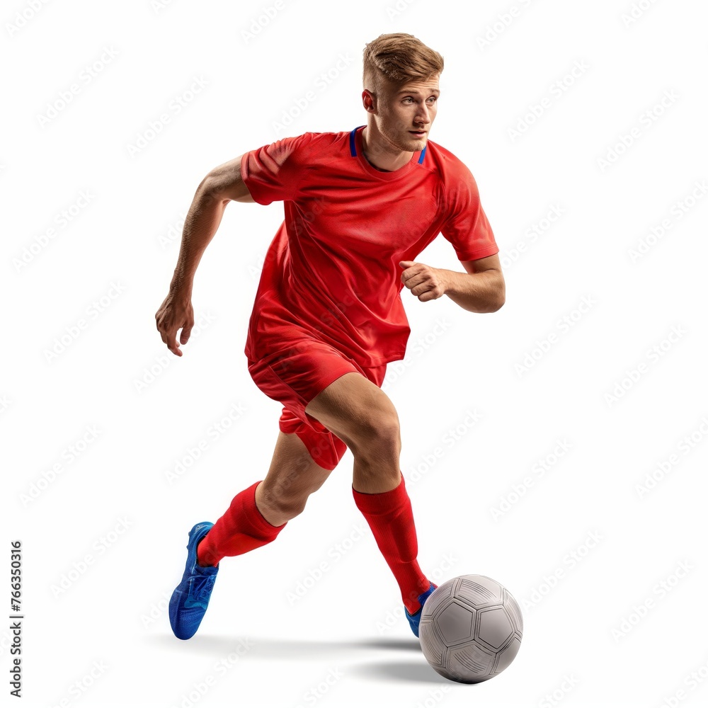 An athlete in a red uniform dribbling a soccer ball with focus and agility.