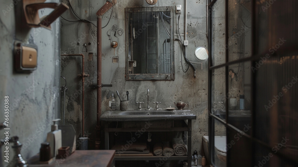 An industrial-chic bathroom featuring exposed pipes, concrete walls, and a salvaged metal vanity for an edgy urban look 