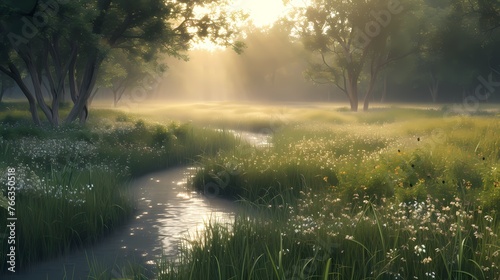 A tranquil meadow bathed in the soft light of the setting sun, with a gentle stream winding through the landscape.