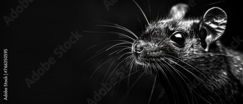  A black-and-white photograph captures a rat gazing skyward, mouth agape, with wide-open eyes