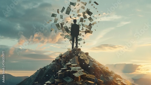 Businessman standing on top a mountain of money, with a cascade of cash raining down from above. Concept of success, financial prosperity, and abundance. 