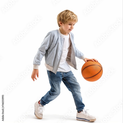 Active young child dribbling a basketball against a white background