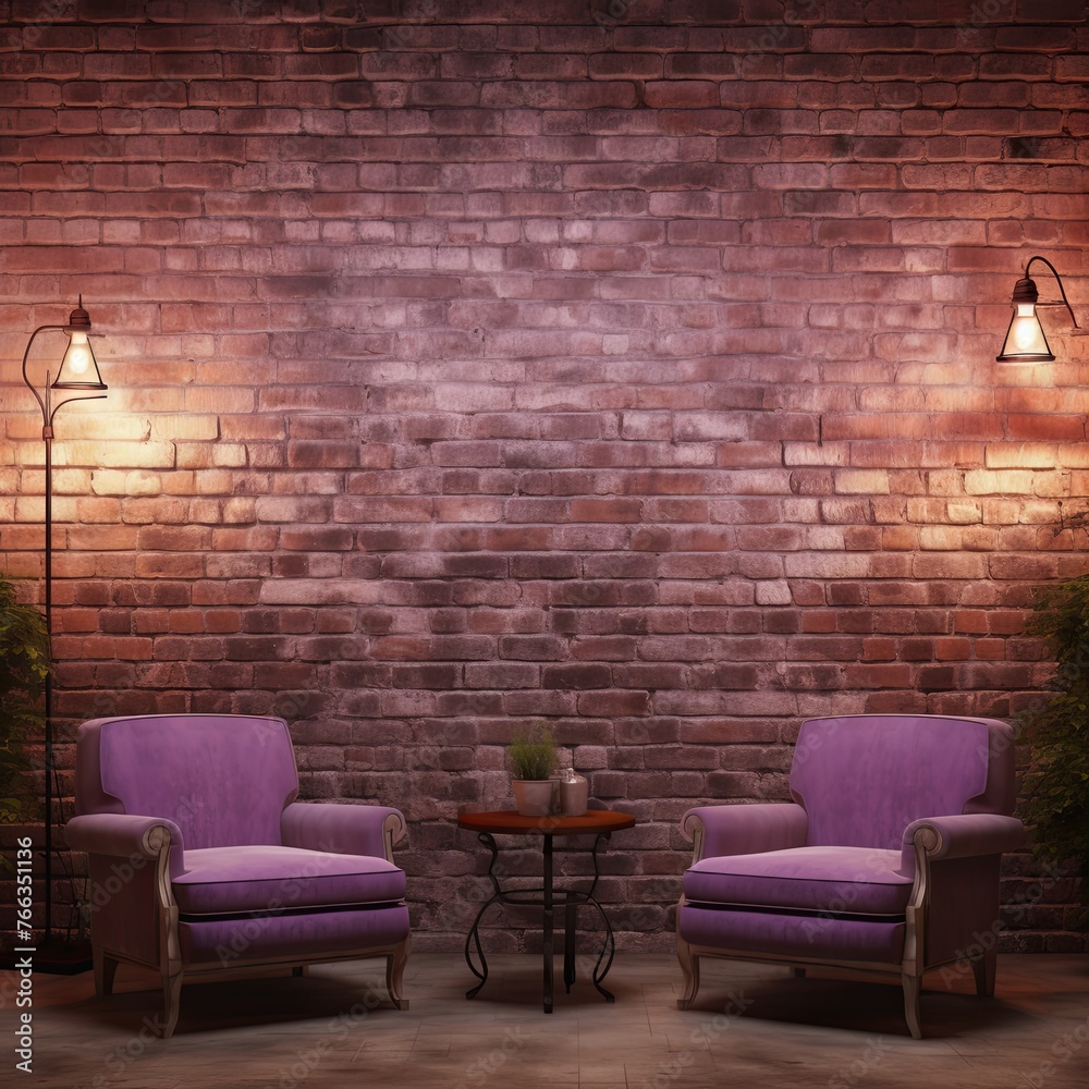 Room with brick wall and mauve lights background - obrazy, fototapety, plakaty 