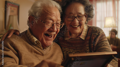 Two joyous seniors share a laugh while looking at a tablet in a cozy living room.