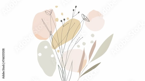 Abstract minimalistic scandinavian botanical art with warm color tones. A delicate composition of floral and foliage elements intertwined with abstract warm colored shapes and subtle brushstrokes