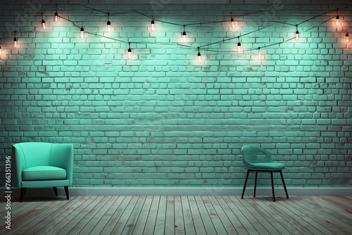 Room with brick wall and mint lights background
