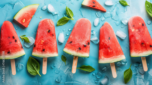 Watermelon Popsicles on a colorful background. Refreshing summer fruit concept © AnyPic289
