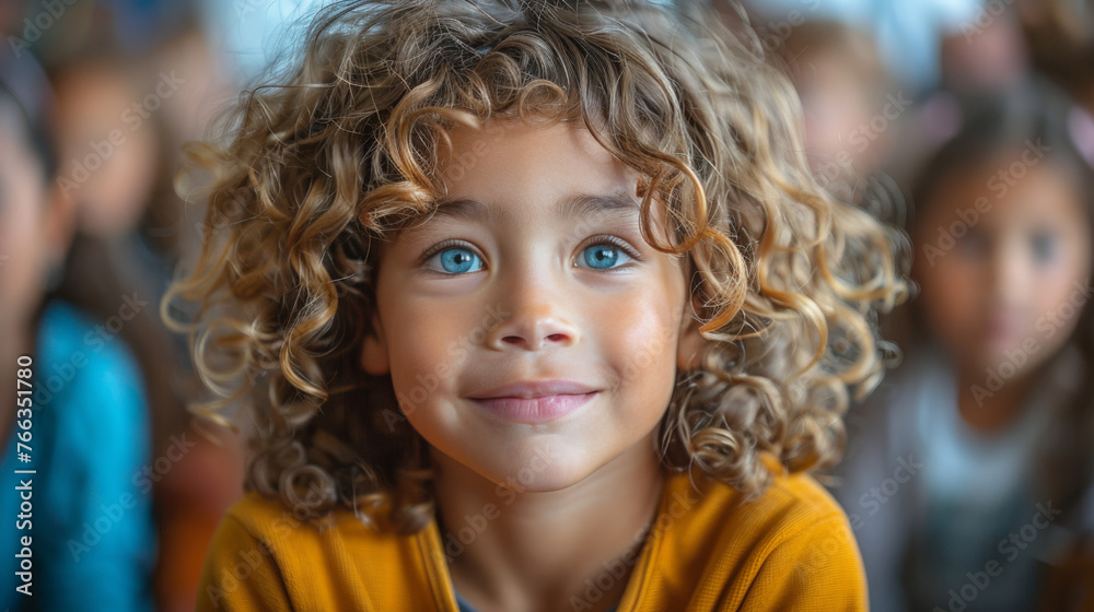Close-up of a child with voluminous curly hair and big blue eyes, wearing a yellow shirt with peers in the backdrop Close-up of a child with voluminous curly hair and big blue eyes, wearing a yellow shirt with peers in the backdrop
