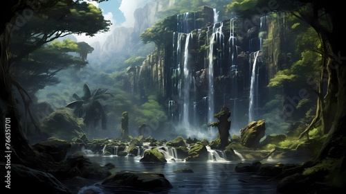 A towering waterfall cascading down into a lush green forest  creating a mesmerizing spectacle.