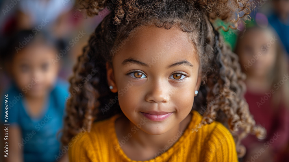 Portrait of a young girl with curly hair and bright eyes smiling, with blurred children in the background Portrait of a young girl with curly hair and bright eyes smiling, with blurred children in the background