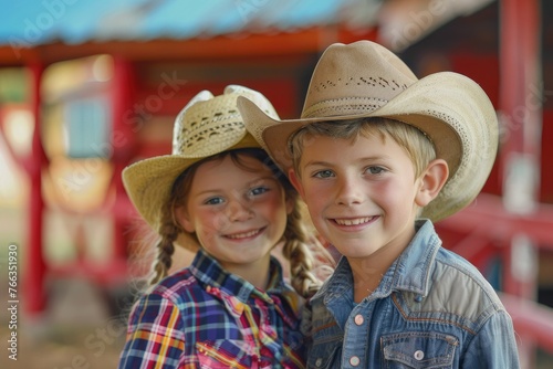 Siblings in cowboy hats smiling together - Two children wearing cowboy hats and plaid shirts smiling together at a ranch