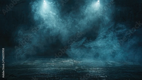 Smoke filled stage under haunting illumination - An abandoned stage engulfed by creeping smoke under harsh white spotlights, conveying desolation and foreboding photo