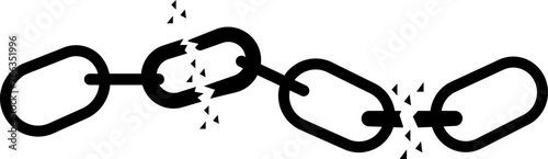 Black broken chain. Vector, Chain link broken sign on transparent background. Freedom And Separation Concept, Breaking And Demolition Steel Chain. Engraving Template Hand Drawn In Vintage Style
