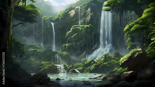 A towering waterfall cascading down into a lush green forest, creating a mesmerizing spectacle.