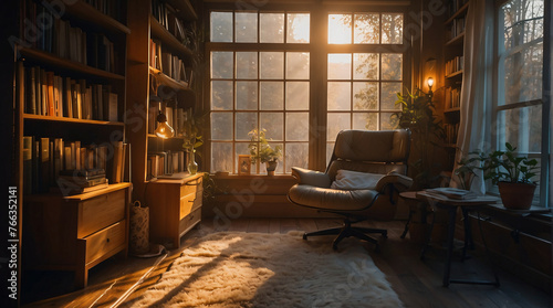 a cozy atmosphere with a comfortable chair soft lighting  and books a perfect haven for quiet relaxation. ai generated