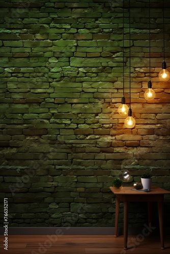Room with brick wall and olive lights background © Celina
