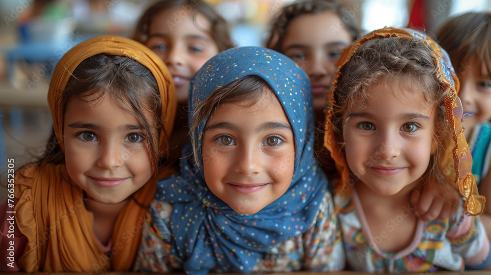 Group of multi-ethnic girls with lively expressions wearing colorful clothes and accessories in a classroom Group of multi-ethnic girls with lively expressions wearing colorful clothes and accessories in a classroom