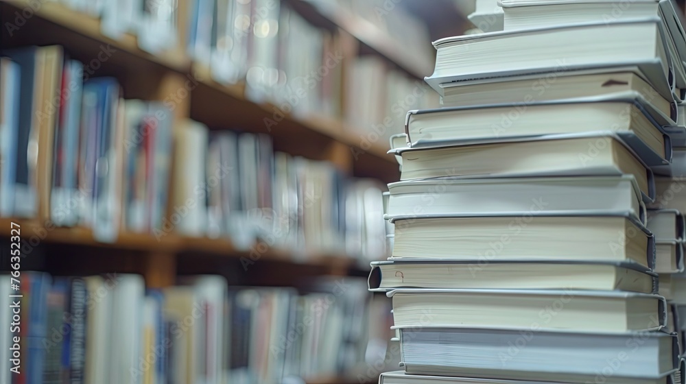 commercial photography, a stack of books on the background of bookshelves in the library, book day commercial photography, a stack of books on the background of bookshelves in the library, book day