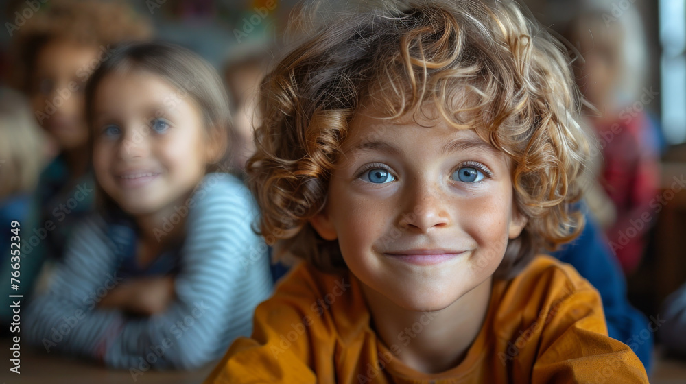 A boy with blue eyes and curly hair poses playfully, looking directly into the camera with peers in the background A boy with blue eyes and curly hair poses playfully, looking directly into the camera with peers in the background