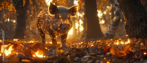  A pig in a forest, surrounded by leaves and illuminated by light photo