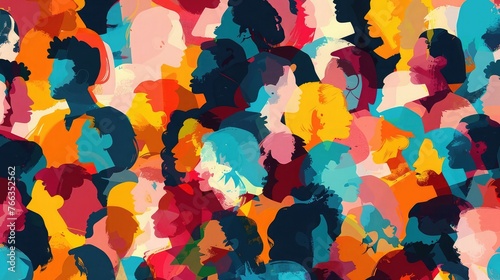 Colorful diverse people crowd abstract art seamless pattern. Multi-ethnic community, big cultural diversity group background illustration in modern collage painting style.