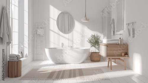 A Scandinavian-inspired bathroom with clean white walls, light wood accents, and minimalist fixtures for a serene and clutter-free space © Textures & Patterns