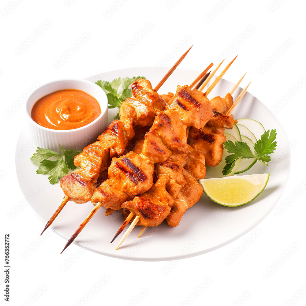 Thai chicken skewers with sauce isolated on white background Thai chicken skewers with sauce isolated on white background