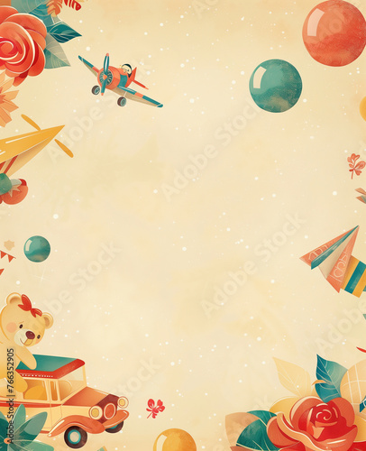 a vintage toys background including a teddy bear, a doll in a car, and a airplane